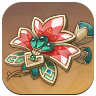 A detailed illustration of a decorative flower with red and white checkered petals, green gem accents, and blue-green leaves, set against a circular beige background.