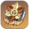 A stylized illustration of a flower with brown and beige petals surrounding a central gear-like structure, set against a circular beige background.