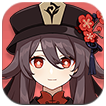 A close-up illustration of Dehya, the fierce Pyro warrior from Genshin Impact, with long dark hair, red eyes, a gentle smile, wearing a black hat adorned with a golden emblem and red flowers, and a red collar.
