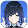A close-up illustration of Yelan, the Hydro support character from Genshin Impact, with short dark blue hair, green eyes, a gentle smile, wearing a white and gold outfit with a blue gem accent, set against a blue circular background.