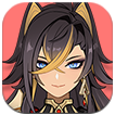 A close-up illustration of Dehya, the Pyro support character from Genshin Impact, with long dark hair featuring yellow streaks, blue eyes, a gentle smile, wearing golden armor with red accents and cat-like ears, set against a red circular background.