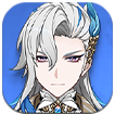 A close-up illustration of Neuvillette, the Hydro Main DPS from Genshin Impact, with long white hair featuring blue streaks, purple eyes, a serious expression, wearing an ornate white and gold outfit with blue accents, set against a blue circular background.