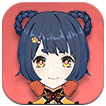 A close-up illustration of Xiangling, the Pyro sub-DPS from Genshin Impact, with dark blue hair styled in twin braids, orange eyes, a cheerful smile, wearing a red and black outfit with a yellow accessory, set against a red circular background.