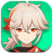 A close-up illustration of Kazuha, the Anemo support character from Genshin Impact, with light silver hair featuring red accents, orange eyes, a gentle smile, wearing a black and red outfit, set against a green circular background.