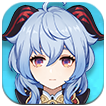 A close-up illustration of Ganyu, the Cryo sub-support character from Genshin Impact, with long light blue hair, purple eyes, a neutral expression, wearing a black and gold outfit with red horn-like accents, set against a blue circular background.