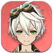 A close-up illustration of Bennett, the Pyro sub-support character from Genshin Impact, with short white hair, green eyes, a determined expression, wearing goggles and a brown and black outfit, set against a red circular background.