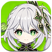 A close-up illustration of Nahida, the Dendro sub-support character from Genshin Impact, with long silver hair, green eyes, a gentle smile, wearing a black and gold outfit with green leaf accents, set against a green circular background.