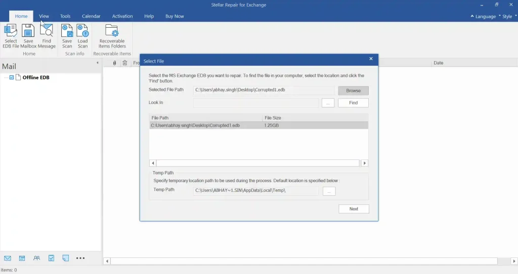 Screenshot of the Stellar Repair for Exchange software interface showing the "Select File" window with options to browse and select an MS Exchange EDB file, displaying the selected file path (C:\Users\abhay.singh\Desktop\Corrupted1.edb) and file size