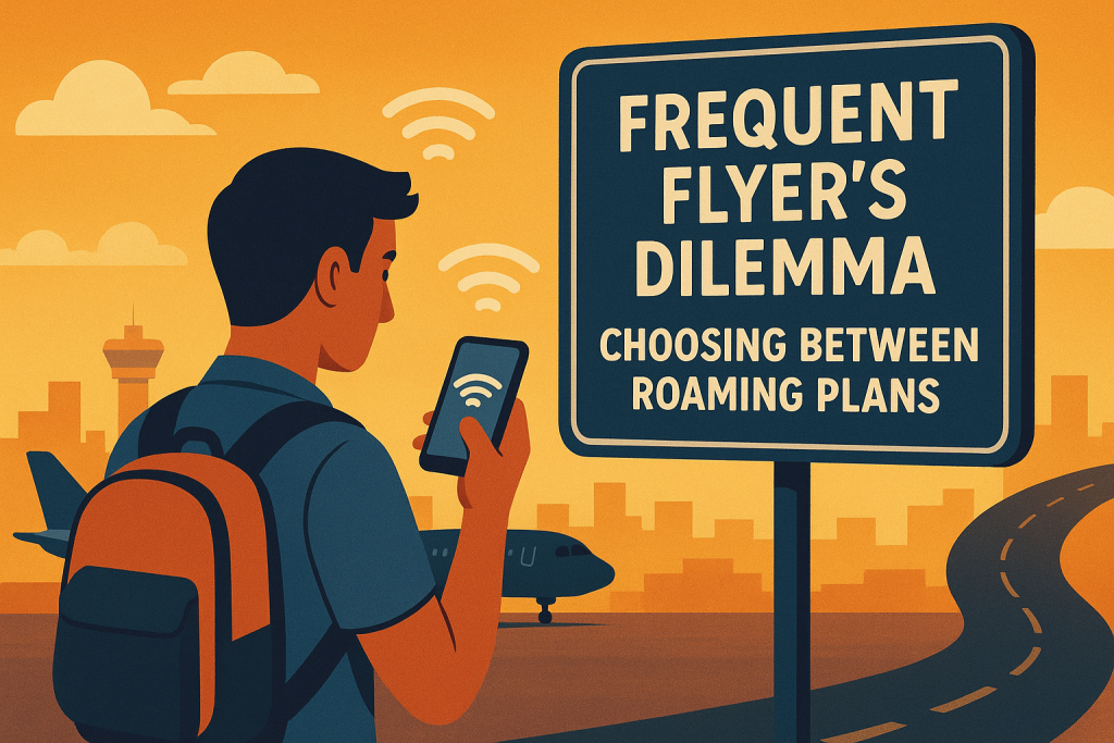 Traveler at airport comparing roaming SIM-only plans on smartphone, representing Maxx’s global connectivity solutions for frequent flyers.