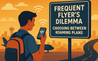 Traveler at airport comparing roaming SIM-only plans on smartphone, representing Maxx’s global connectivity solutions for frequent flyers.
