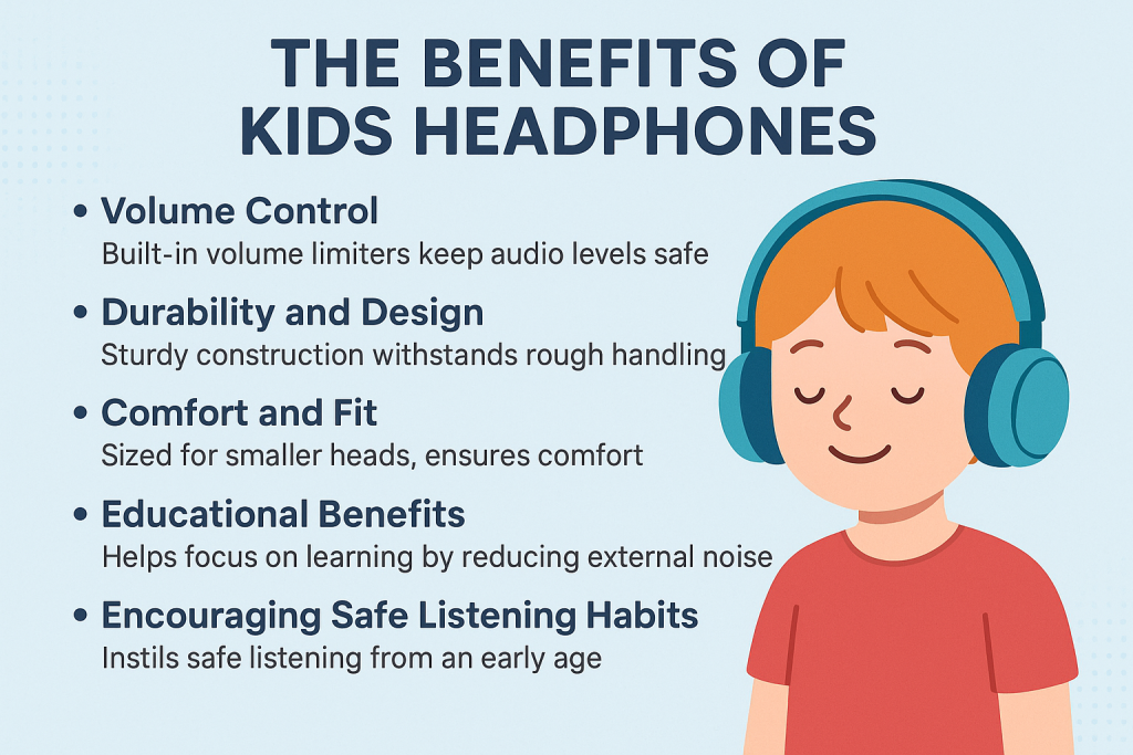 Illustration of a child wearing safe kids headphones highlighting volume control, comfort, and durability features.