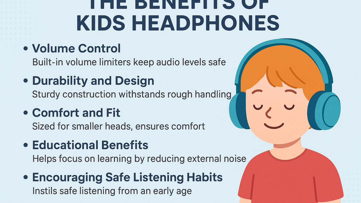 Illustration of a child wearing safe kids headphones highlighting volume control, comfort, and durability features.