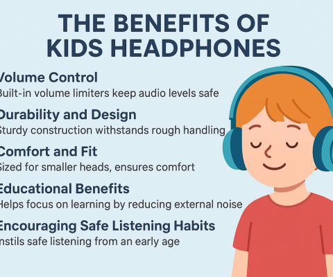 Illustration of a child wearing safe kids headphones highlighting volume control, comfort, and durability features.