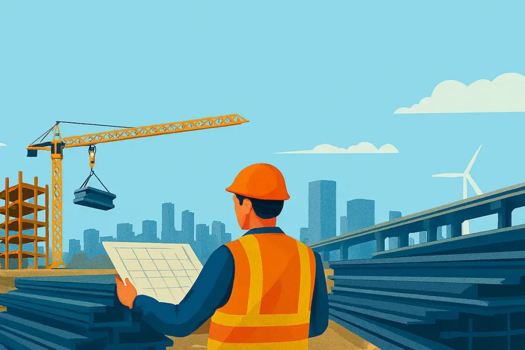 Construction worker examining blueprints at a Regional Steel Network site with stacked beams, crane operations, and urban infrastructure in the background.