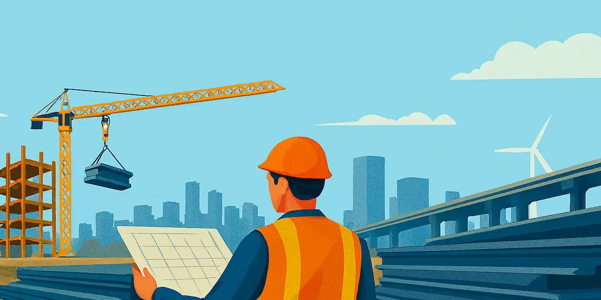 Construction worker examining blueprints at a Regional Steel Network site with stacked beams, crane operations, and urban infrastructure in the background.
