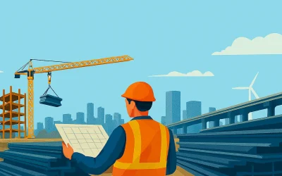 Construction worker examining blueprints at a Regional Steel Network site with stacked beams, crane operations, and urban infrastructure in the background.