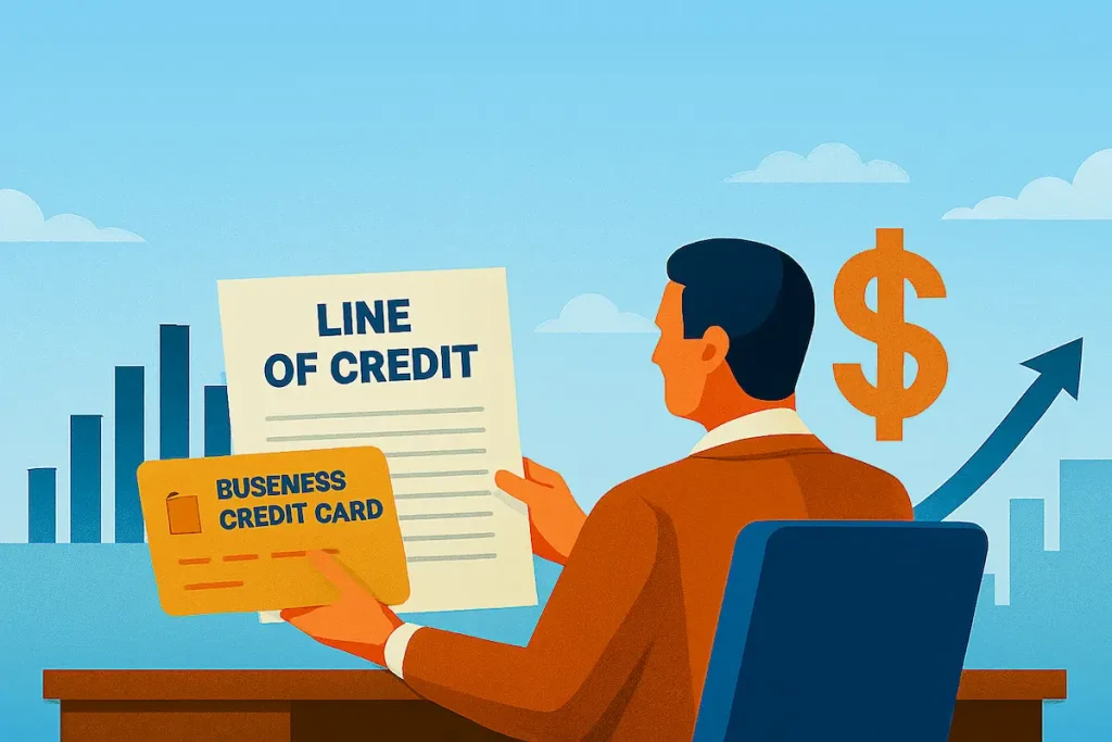 Business owner comparing a line of credit agreement and a business credit card, surrounded by financial documents, seasonal plans, and growth indicators.