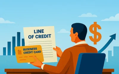 Business owner comparing a line of credit agreement and a business credit card, surrounded by financial documents, seasonal plans, and growth indicators.