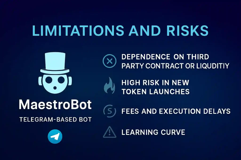 Visual summary of Maestrobot's limitations and risks, featuring a robot icon and four key risk points: third-party contract dependency, token launch volatility, execution delays, and learning curve.
