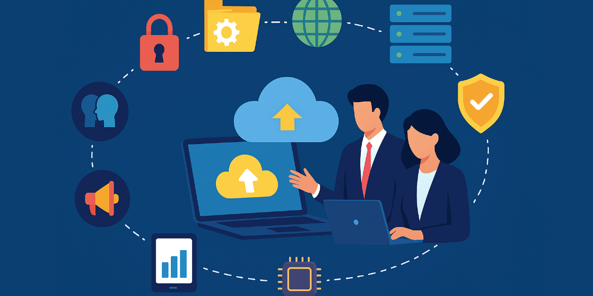 Illustration of two business professionals collaborating on cloud-based IT management with icons representing security, data, global connectivity, and technology infrastructure.
