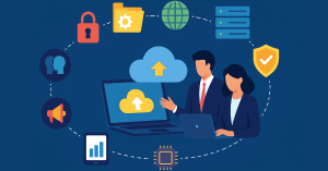 Illustration of two business professionals collaborating on cloud-based IT management with icons representing security, data, global connectivity, and technology infrastructure.