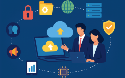Illustration of two business professionals collaborating on cloud-based IT management with icons representing security, data, global connectivity, and technology infrastructure.