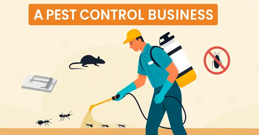 Illustration of a pest control technician in uniform spraying ants with a backpack sprayer, surrounded by a rat silhouette, mousetrap, and no-bug sign, under the banner "A Pest Control Business