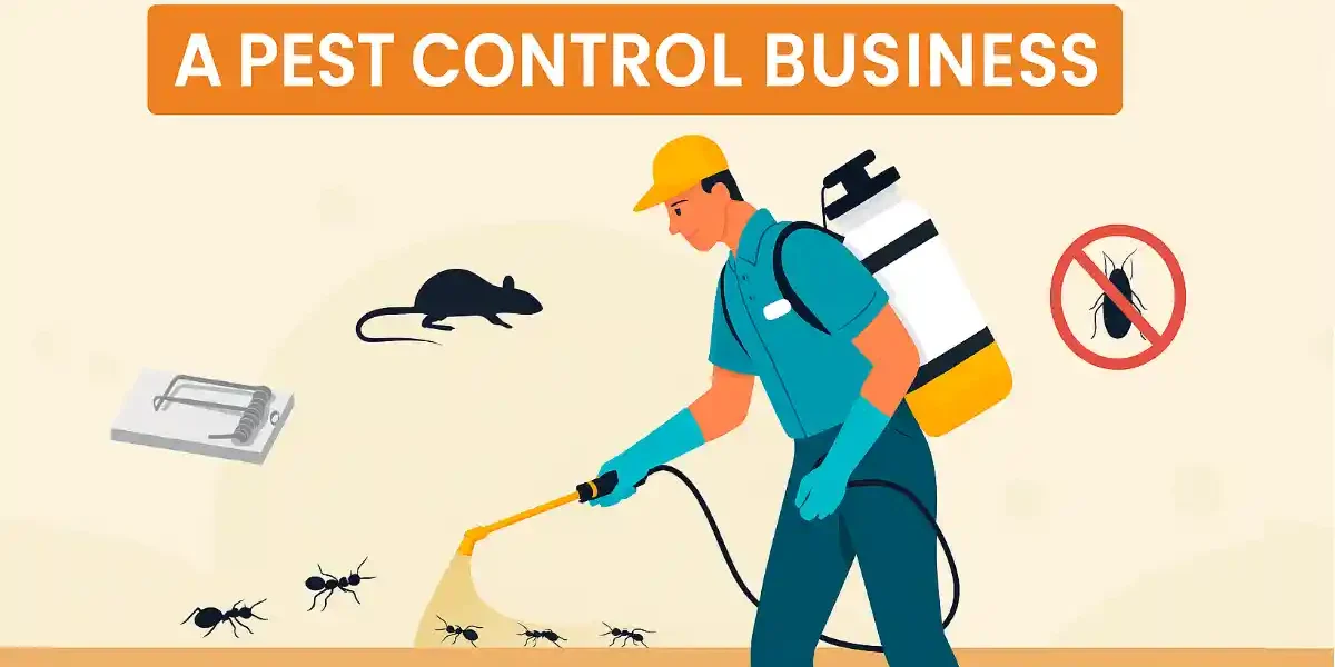 Illustration of a pest control technician in uniform spraying ants with a backpack sprayer, surrounded by a rat silhouette, mousetrap, and no-bug sign, under the banner "A Pest Control Business