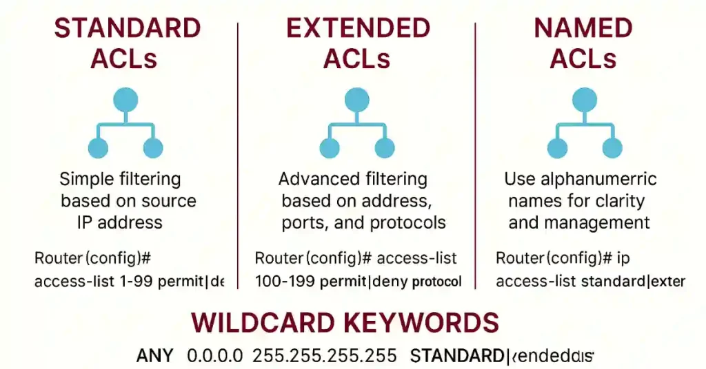 Diagram comparing Standard, Extended, and Named ACLs in Cisco networking, showing simple filtering by source IP (1-99), advanced filtering by address, ports, and protocols (100-199), and alphanumeric naming for clarity, with wildcard keyword 'any' (0.0.0.255.255.255).