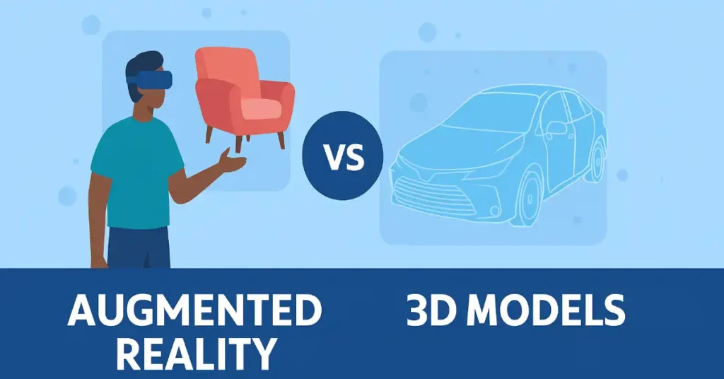 Illustrative graphic comparing Augmented Reality (AR) and 3D models: A person in a VR headset interacts with a virtual red armchair versus a blue wireframe car model on a light blue background.