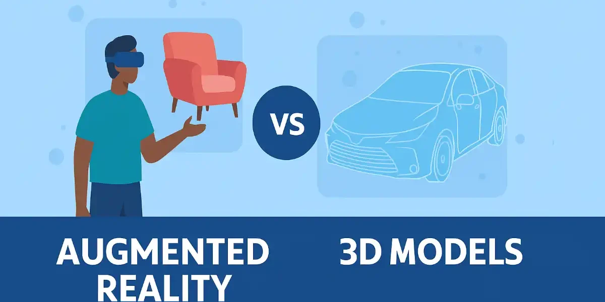 Illustrative graphic comparing Augmented Reality (AR) and 3D models: A person in a VR headset interacts with a virtual red armchair versus a blue wireframe car model on a light blue background.