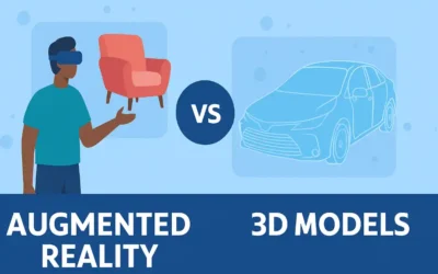 Illustrative graphic comparing Augmented Reality (AR) and 3D models: A person in a VR headset interacts with a virtual red armchair versus a blue wireframe car model on a light blue background.