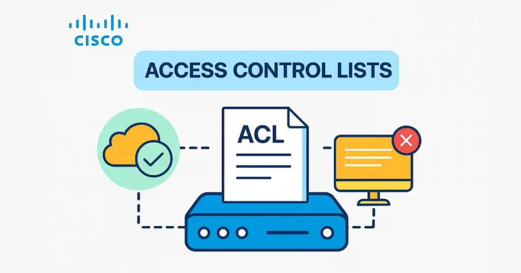 Illustration of Cisco Access Control Lists showing traffic filtering from cloud to router denying access to a computer monitor.