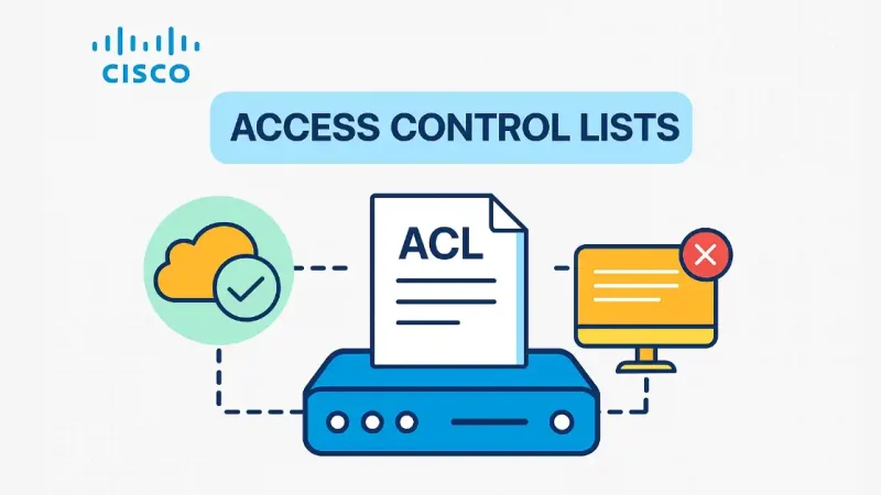 Illustration of Cisco Access Control Lists showing traffic filtering from cloud to router denying access to a computer monitor.