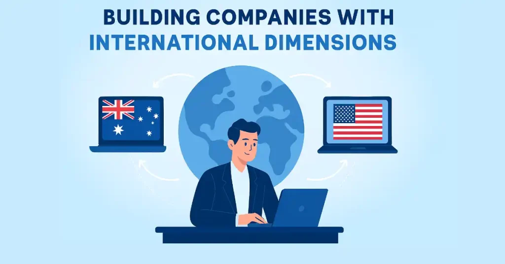 Strategic Wealth Building illustration of a professional managing international company operations with laptops displaying Australian and American flags connected via a global network.