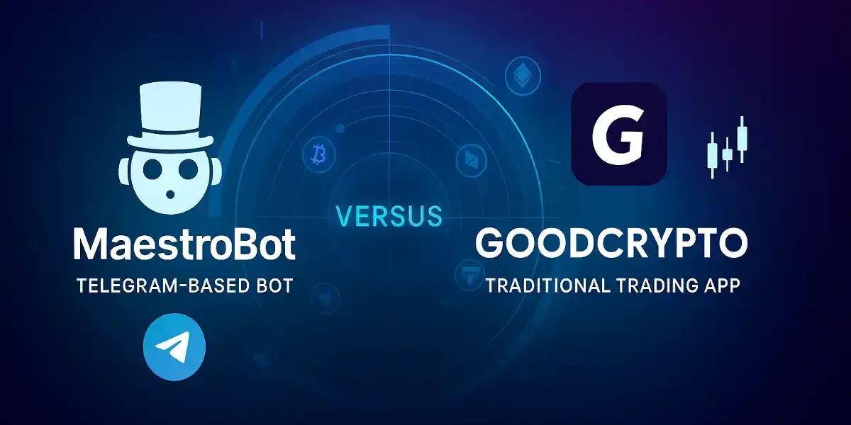 MaestroBot versus GoodCrypto comparison banner with Telegram icon and crypto symbols.