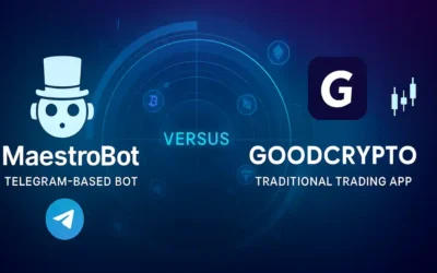 MaestroBot versus GoodCrypto comparison banner with Telegram icon and crypto symbols.