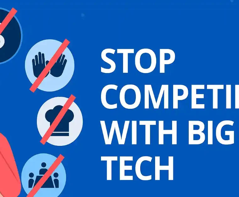 Illustration of a thoughtful person pondering with prohibited icons for money, gestures, chef hat, and group meeting, overlaid with text 'Stop Competing with Big Tech' on a blue background.