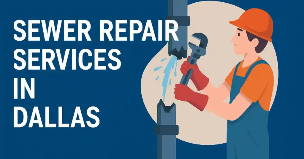 Worker repairing leaking sewer line in Dallas using wrench, promoting local plumbing services.