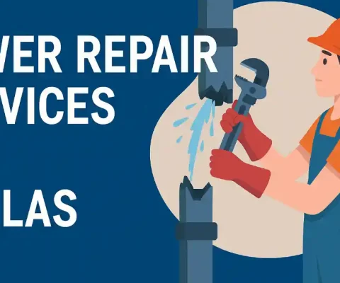 Worker repairing leaking sewer line in Dallas using wrench, promoting local plumbing services.