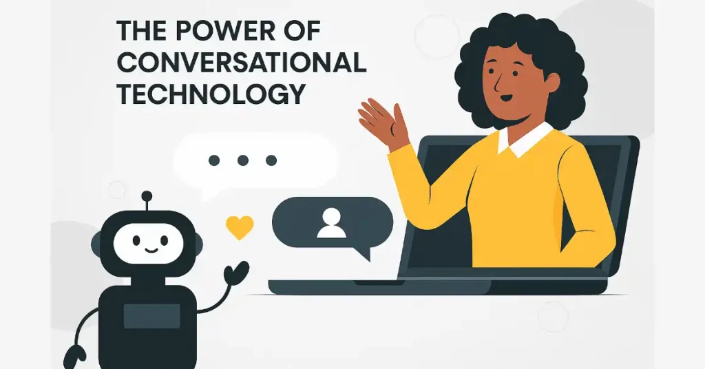 Illustration of a friendly robot interacting with a person via laptop, showcasing the power of conversational technology.