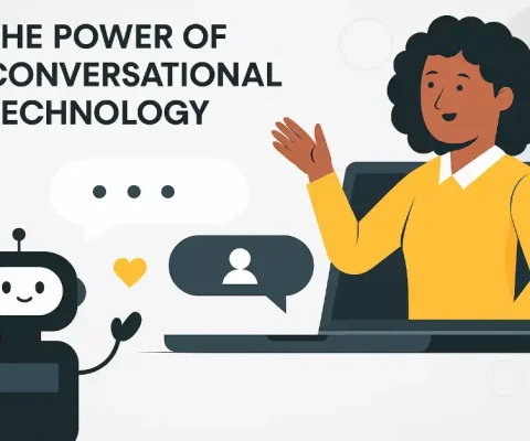 Illustration of a friendly robot interacting with a person via laptop, showcasing the power of conversational technology.
