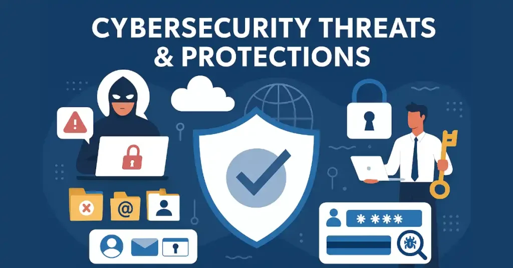 Illustration depicting cybersecurity threats and protections, with a hooded hacker attempting unauthorized access on the left, a central protective shield with a checkmark, and a professional user holding a key on the right, surrounded by icons of files, emails, locks, and bugs.