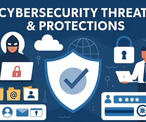 Illustration depicting cybersecurity threats and protections, with a hooded hacker attempting unauthorized access on the left, a central protective shield with a checkmark, and a professional user holding a key on the right, surrounded by icons of files, emails, locks, and bugs.