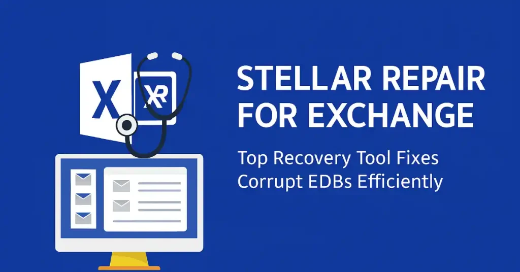 Illustration of Stellar Repair for Exchange tool with stethoscope on Exchange logo and computer screen displaying emails, highlighting efficient recovery of corrupt EDB files.