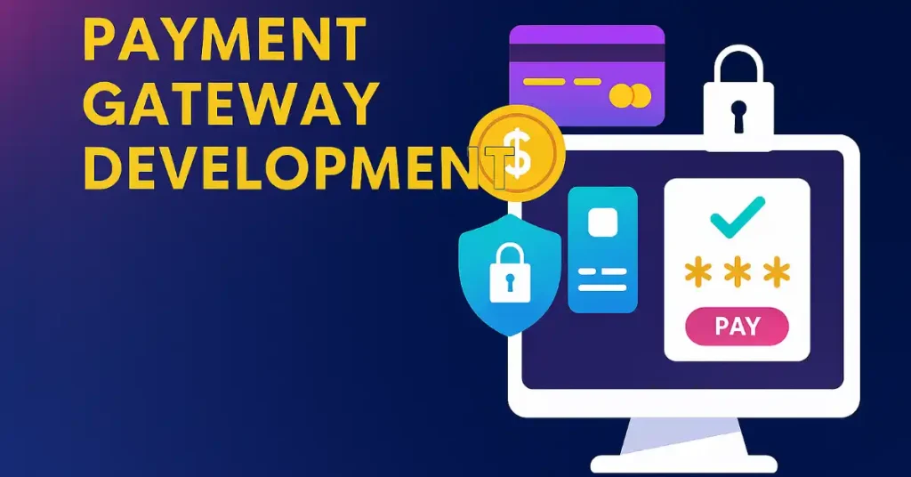 Illustration of payment gateway development with security icons, credit card, and payment interface on computer screen.