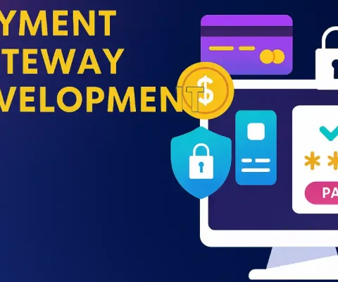 Illustration of payment gateway development with security icons, credit card, and payment interface on computer screen.