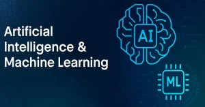 Illustration of a brain with AI and ML icons on a digital background, symbolizing artificial intelligence and machine learning.