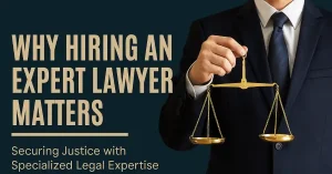 A lawyer in a dark suit holding balanced gold scales of justice, symbolizing expert legal defense and strategic advocacy.