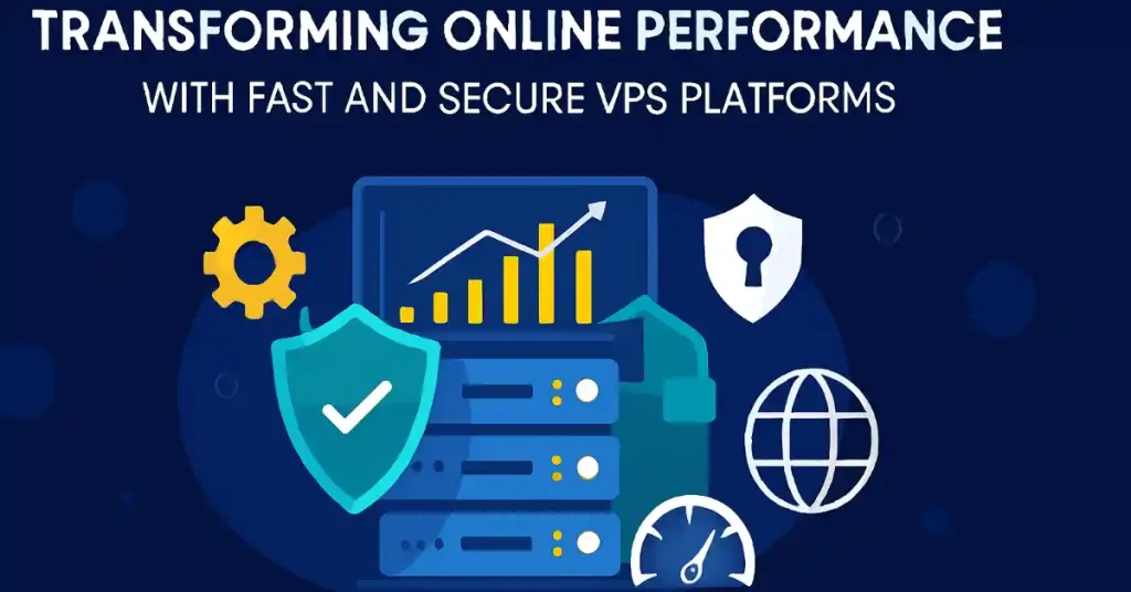 Illustration of secure Linux VPS with performance graph, shields, speedometer, and global connectivity icons